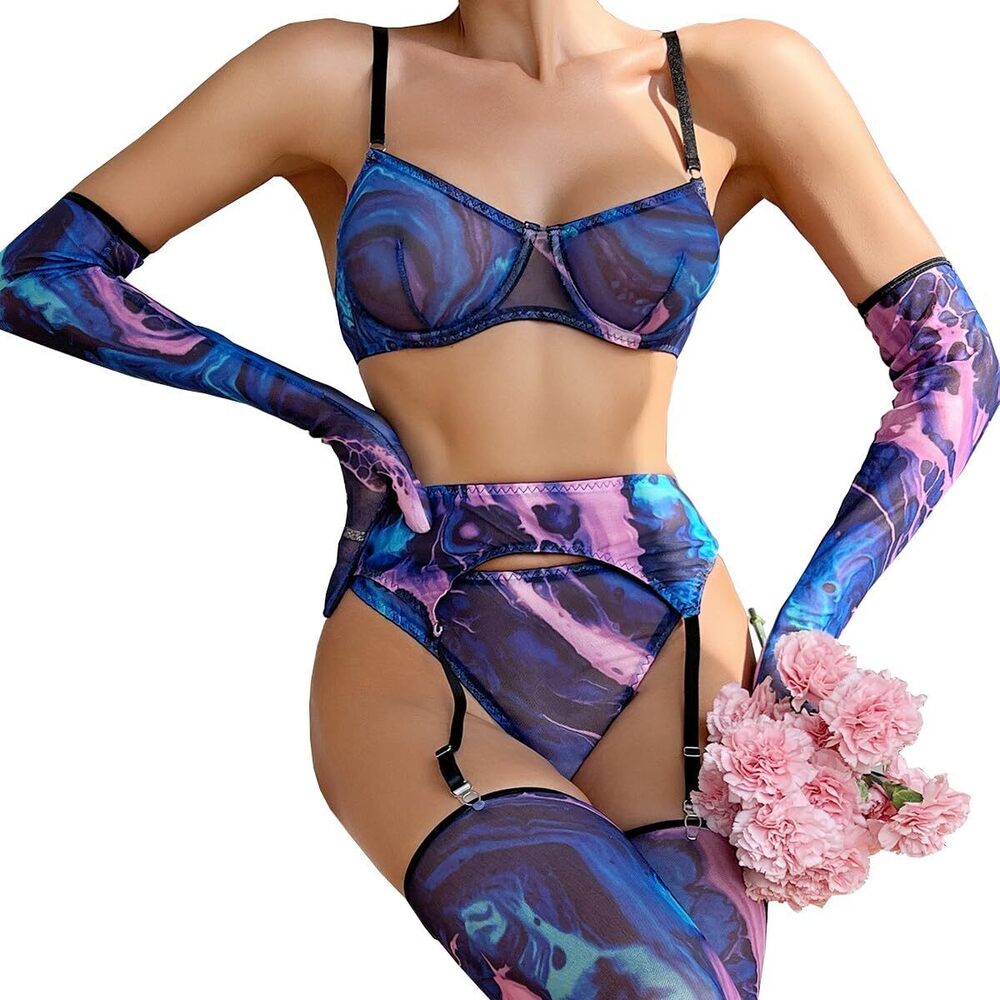 4120 Rave Outfits Garter Belt and Thigh Highs Set Mesh Starry Graphic Print